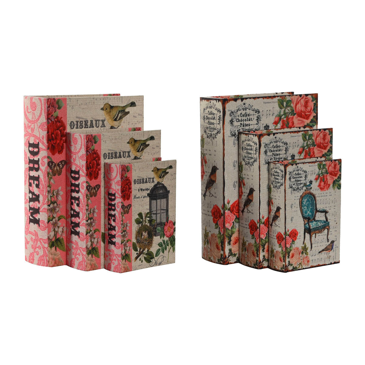 Set of decorative boxes Home ESPRIT Brown Wood Canvas Floral 22 x 7,5 x 30 cm (2 Units)