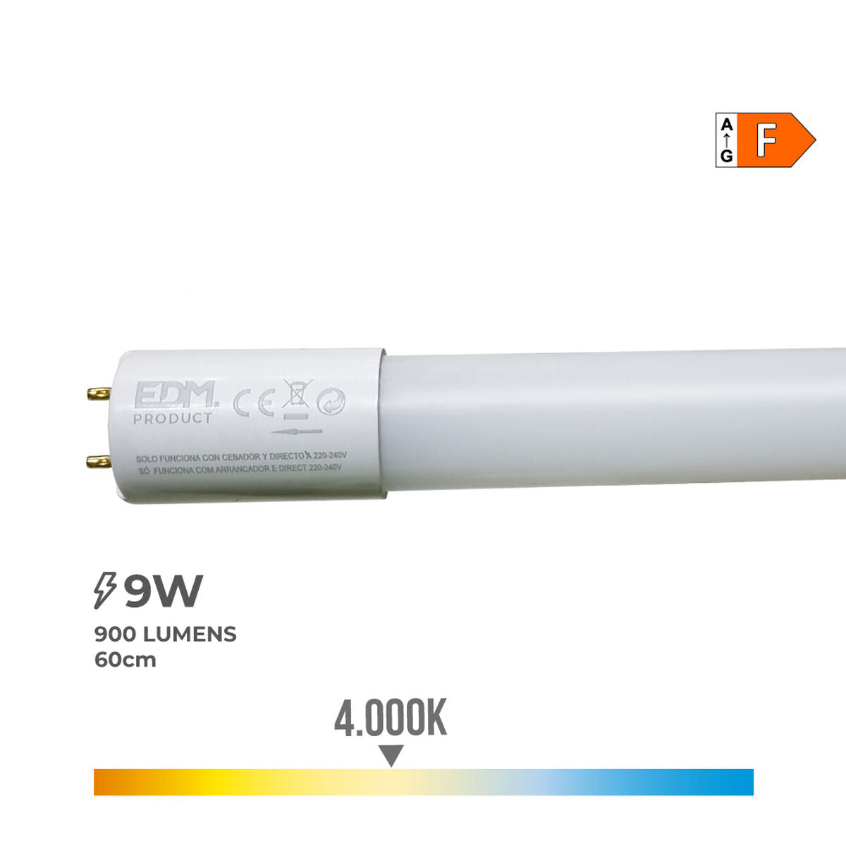 LED Tube EDM F 9 W T8 900 Lm Ø 2,6 x 60 cm (4000 K)